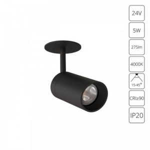 A6187PL-1BK СВЕТИЛЬНИК ЮВЕЛИРНЫЙ ВСТРАИВАЕМЫЙ PRESTO 24В 5Вт 275лм 4000К 90+ 15-45°